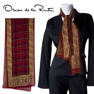 _ Oscar de la Renta vintage silk houndstooth scarf, with metallic gold paisley